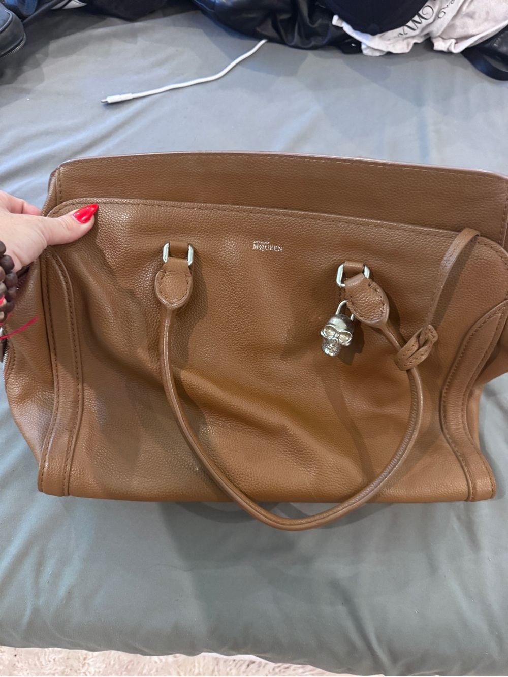 Alexander McQueen Brown Pebbled Leather Tote with Skull Charm